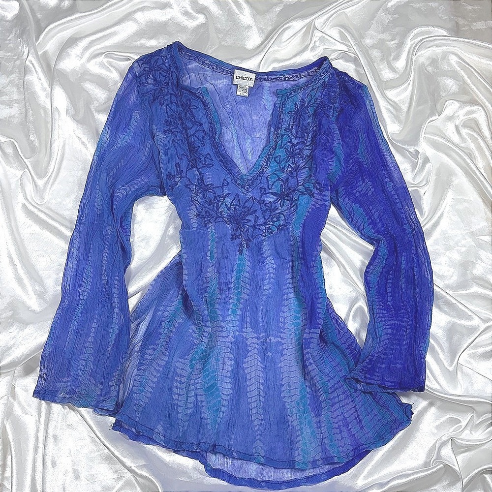 vintage Silk Tunic Top Blue Excellent Embroidered Tie Dye V-Neck Blouse